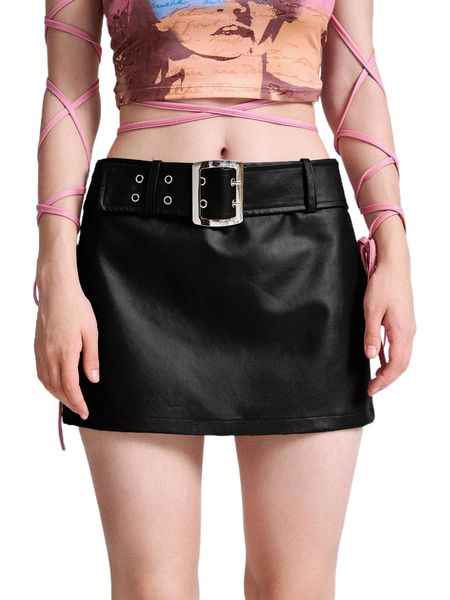 buckle belted pu leather skirt v5uh#, Black