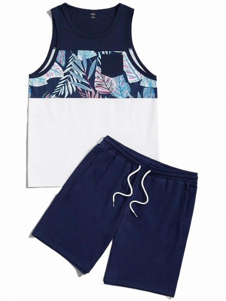 men tropical print colorblock tank & drawstring waist shorts j8hs#, Gray 
men tropical print colorblock tank & drawstring waist shorts j8hs#, Gray