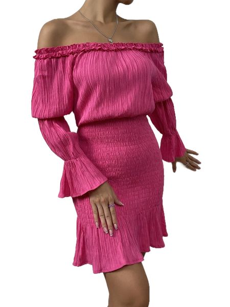 off shoulder flounce sleeve shirred ruffle hem dress d58y#, Black;gray
off shoulder flounce sleeve shirred ruffle hem dress d58y#, Black;gray