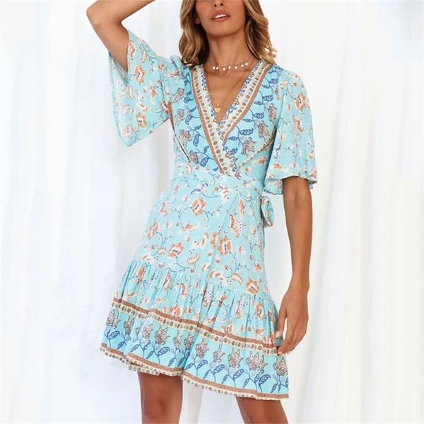 summer boho floral printed mini dress women v neck with belt dresses female short sleeve beach dress sundress vestido 220511, Black;gray
summer boho floral printed mini dress women v neck with belt dresses female short sleeve beach dress sundress vestido 220511, Black;gray