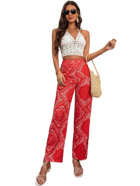 paisley scarf print straight leg pants c9k3#, Black;white