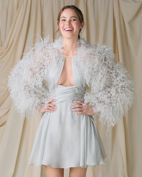 short feather prom dresses long sleeve keyhole neck red carpet evening dress chiffon mini party gowns, Black
short feather prom dresses long sleeve keyhole neck red carpet evening dress chiffon mini party gowns, Black