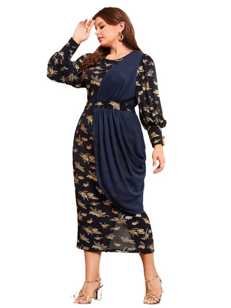 plus gold plant print ruched bishop sleeve split back dress l4qc#, Black
plus gold plant print ruched bishop sleeve split back dress l4qc#, Black