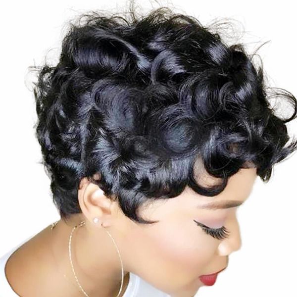 afro human hair wigs for black women slight layered curly wavy pixie african american wig cute short curl natural wigs, Black;brown