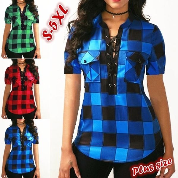summer style european and american womens laceup shortsleeved plaid shirt woman tshirts 220615, White
summer style european and american womens laceup shortsleeved plaid shirt woman tshirts 220615, White