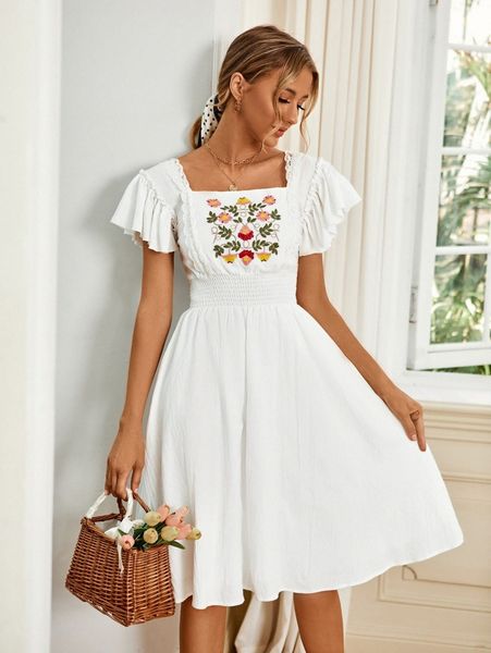 floral embroidery lace insert shirred waist dress u1xc#, Black;gray 
floral embroidery lace insert shirred waist dress u1xc#, Black;gray