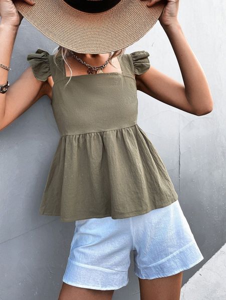 ruffle trim peplum blouse z7qc#, White
ruffle trim peplum blouse z7qc#, White