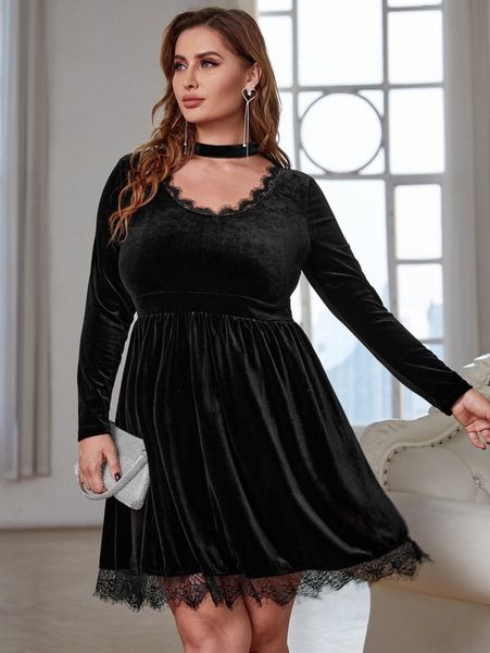 plus choker neck contrast eyelash lace velvet dress f0zt#, Black 
plus choker neck contrast eyelash lace velvet dress f0zt#, Black