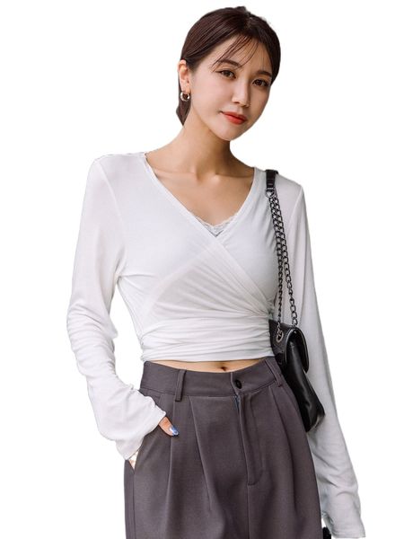dazy surplice ruched tie back tee 07r6#, White