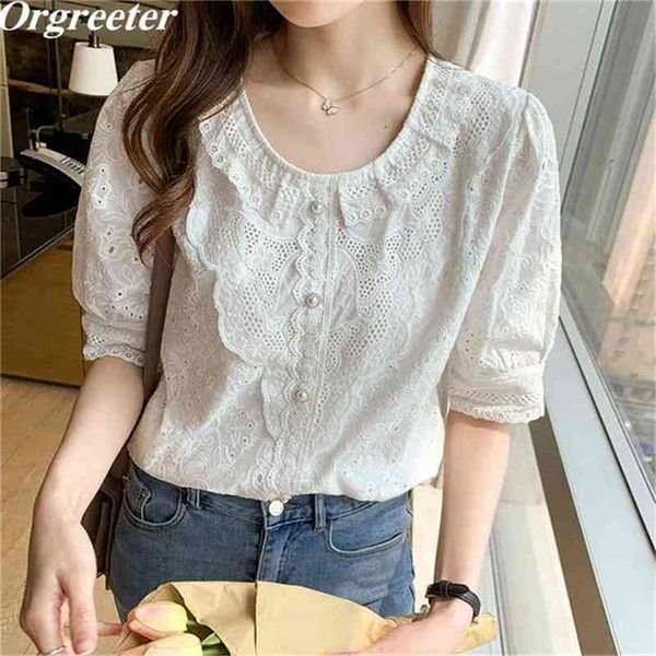 elegant all-match hollow out summer embroidery white shirt for women ruffles lace patchwork chic cotton blouse 210602
elegant all-match hollow out summer embroidery white shirt for women ruffles lace patchwork chic cotton blouse 210602