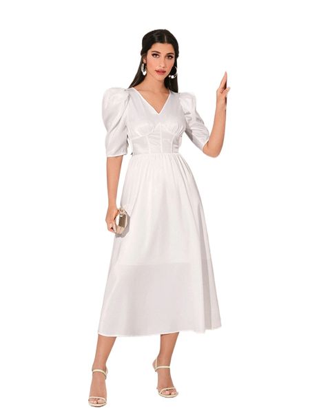 modely solid v neck puff sleeve dress n2tq#, Black;gray
modely solid v neck puff sleeve dress n2tq#, Black;gray