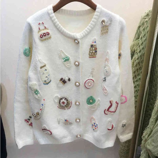 women's sweaters autumn and winter trend heavy hand nail bead bag shoes pattern knitted sweater long sleeved cardigan women, White;black
women's sweaters autumn and winter trend heavy hand nail bead bag shoes pattern knitted sweater long sleeved cardigan women, White;black