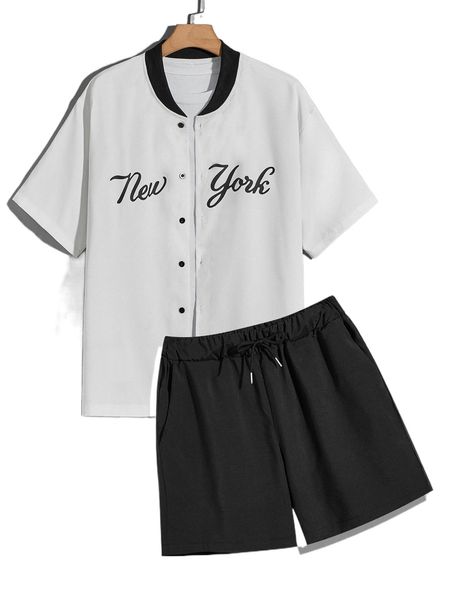 men letter graphic baseball collar shirt & drawstring shorts without tee c5mo#, Gray
men letter graphic baseball collar shirt & drawstring shorts without tee c5mo#, Gray