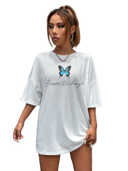 slogan & butterfly print drop shoulder tee t2qh#, White