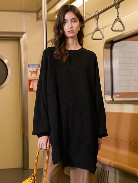 slit hem drop shoulder high low sweater 03qw#, White;black 
slit hem drop shoulder high low sweater 03qw#, White;black