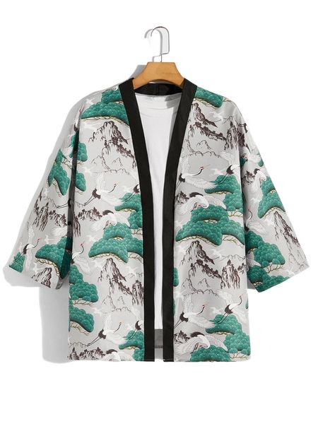 men random mountain & crane print drop shoulder kimono without tee m1kl#, White;black
men random mountain & crane print drop shoulder kimono without tee m1kl#, White;black