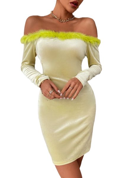 off shoulder fuzzy trim velvet bodycon dress b7td#, Black;gray