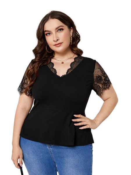 plus lace insert peplum hem tee t3i9#, Black 
plus lace insert peplum hem tee t3i9#, Black