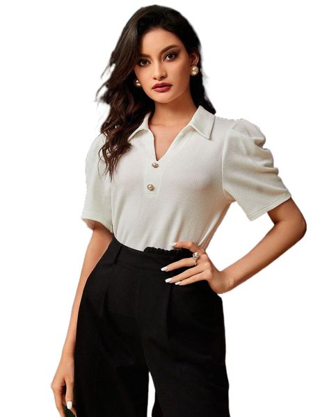 v-collar puff sleeve textured tee h63w#, White 
v-collar puff sleeve textured tee h63w#, White