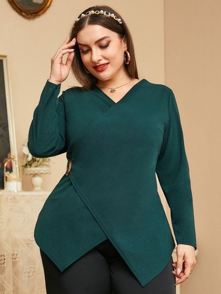 plus solid wrap front blouse q3au#, Black
plus solid wrap front blouse q3au#, Black