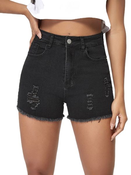 high waist ripped raw hem denim shorts c6oy#, White;black