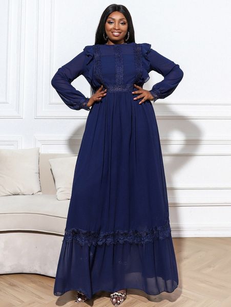 seomiscky plus ruffle trim lace panel maxi dress o8tu#, Black