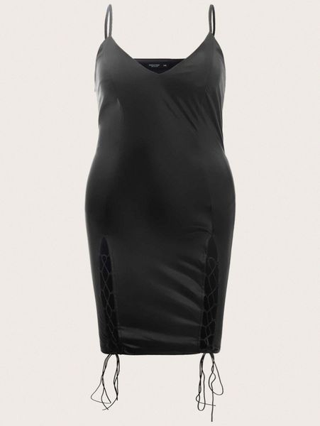plus lace up front pu leather cami dress r14x#, Black