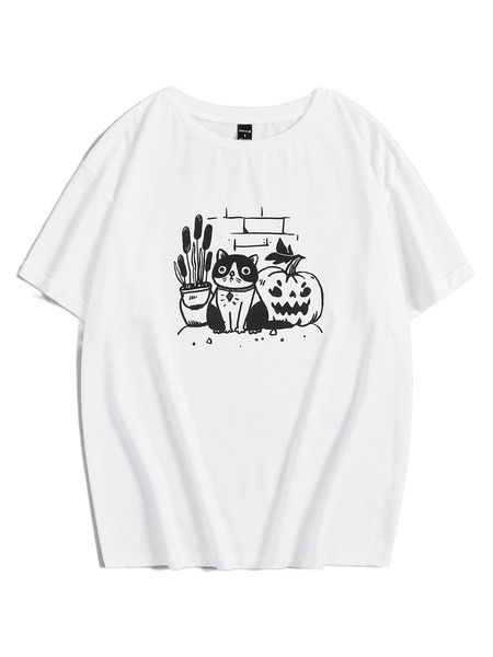 x oksana fedko cat & pumpkin print tee r08p#, White 
x oksana fedko cat & pumpkin print tee r08p#, White