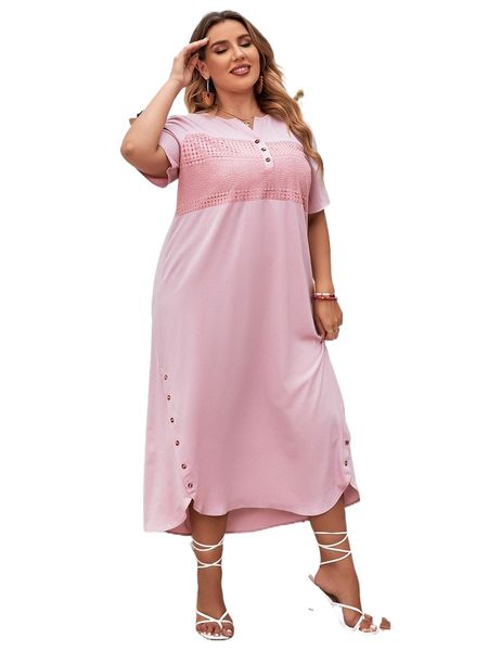 plus lace panel button hem dress l9bw#, Black