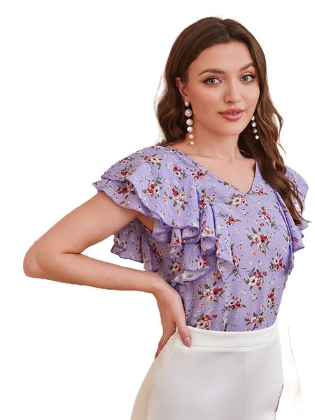 floral print butterfly sleeve blouse 20ou#, White