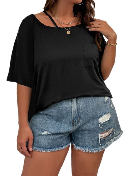 plus asymmetrical neck patched pocket tee p5fh#, Black