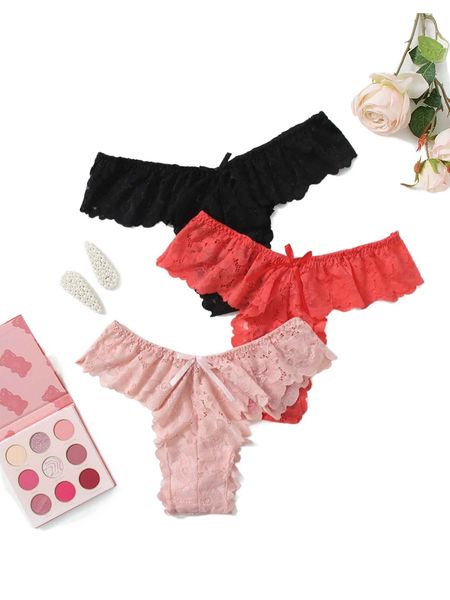 3pack plus floral lace thong e581#, Black;white