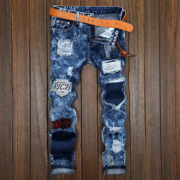 men's jeans badge jeans men's straight tube hole sticking cloth snowflake trousers m4im, Blue
