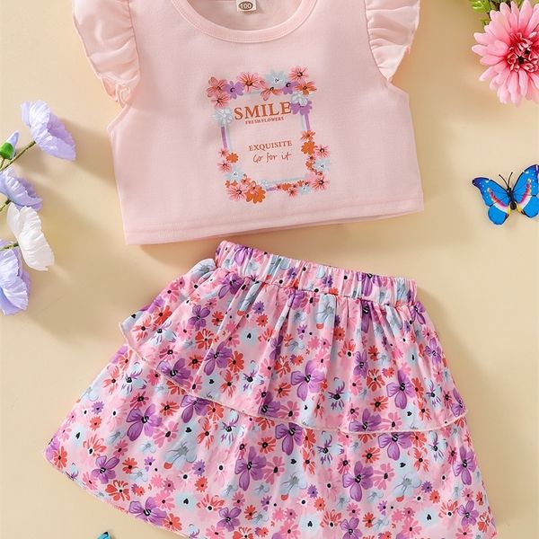 little girl's letter and flower design t-shirt and stacked skirt she, White