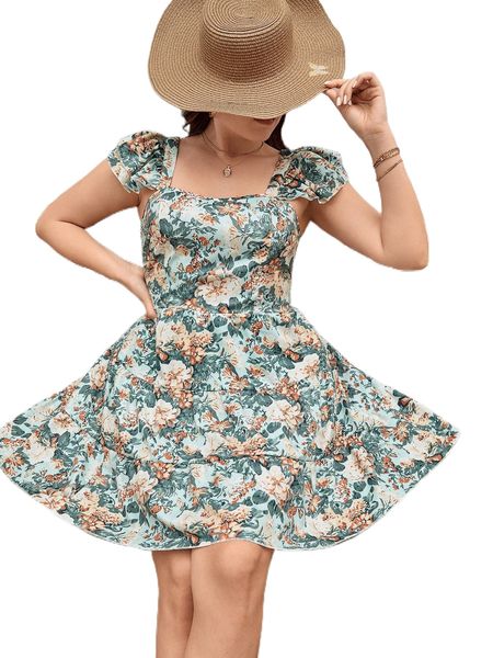 plus allover floral print ruffle trim shirred cut out back dress k1cb#, Black
plus allover floral print ruffle trim shirred cut out back dress k1cb#, Black