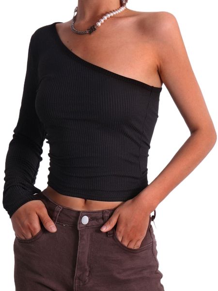 one shoulder ribbed knit crop tee l0jy#, White
one shoulder ribbed knit crop tee l0jy#, White