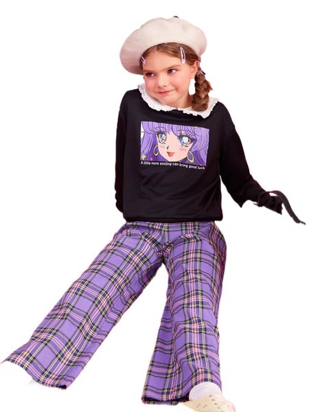 girls slogan & figure graphic pullover & tartan print pants d3az#, Black;white
girls slogan & figure graphic pullover & tartan print pants d3az#, Black;white