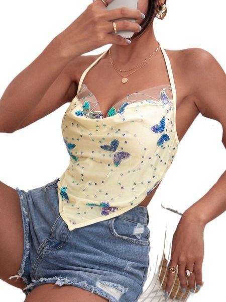 butterfly print contrast sequins cowl neck cami v1eg#, White 
butterfly print contrast sequins cowl neck cami v1eg#, White