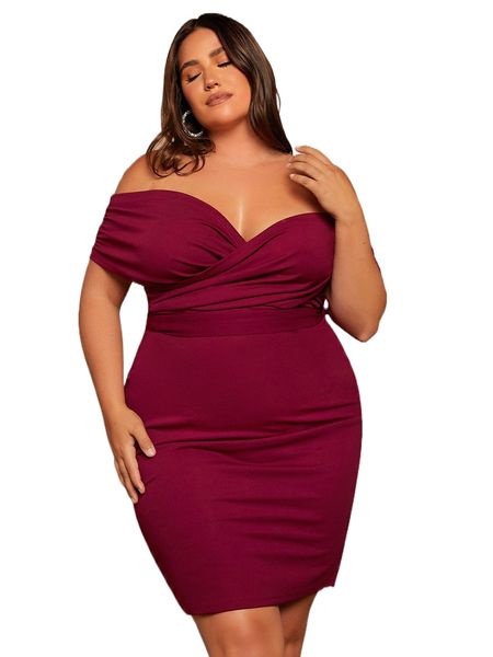 plus off shoulder ruched tie back bodycon dress y5oc#, Black
plus off shoulder ruched tie back bodycon dress y5oc#, Black