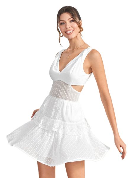 x luisana batista swiss dot contrast lace cutout dress k2vg#, Black;gray 
x luisana batista swiss dot contrast lace cutout dress k2vg#, Black;gray