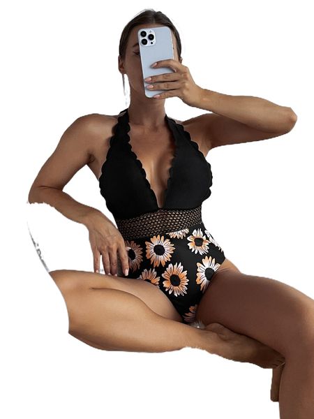 random floral print scallop trim halter one piece swimsuit c99y#, White;black
random floral print scallop trim halter one piece swimsuit c99y#, White;black