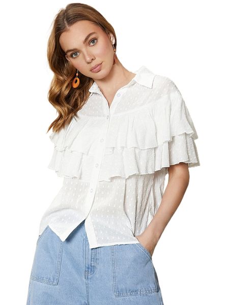 layered ruffle trim swiss dot blouse i7ms#, White