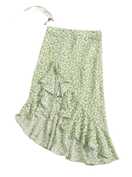 ditsy floral print ruffle trim skirt 70fp#, Black