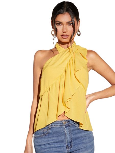 ruffle trim backless halter 02ex#, White