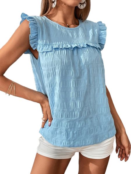 ruffle trim keyhole back blouse r3ga#, White