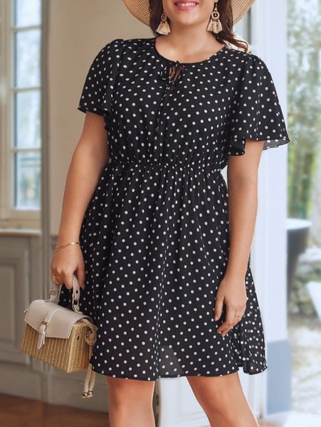 plus tie neck polka dot print dress s0lp#, Black
plus tie neck polka dot print dress s0lp#, Black