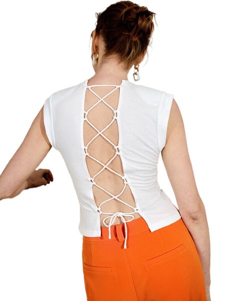 cut out lace up back tee a7gs#, White
cut out lace up back tee a7gs#, White