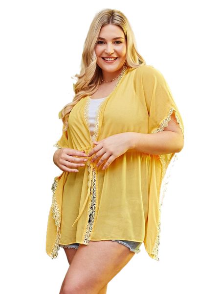 plus batwing sleeve drawstring waist guipure lace insert kimono 020d#, Black;gray