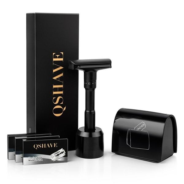 qshave luxurious black adjustable safety razor kit men's shaving kit holder razor blade disposal case 15 blades set 220708