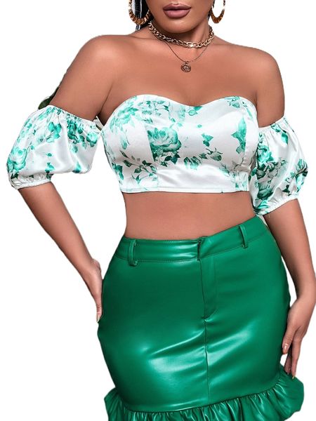 floral print off shoulder crop satin l1j8#, White
